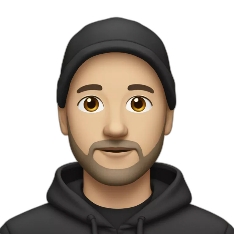 bald (white) man with black (short) beard and no glasses in a black hoodie wearing a light beige cap