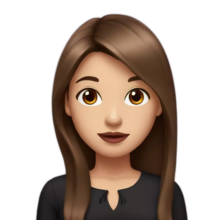 A girl with brown eyes, long straight brown hair, plump pink lips in a black dress