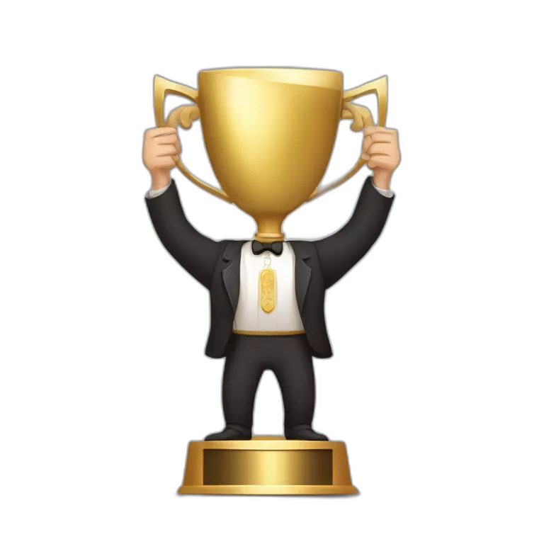 the white European man Celebrating,the white European man brown hair Celebrating, Raising a gold trophy in your hands, full body, Elegant dress Raising a gold trophy in your hands