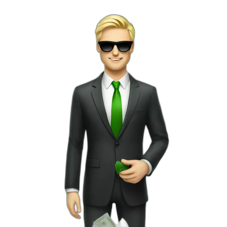 white handsome man with lot of green cash in hands wearing elegance suit and black shades