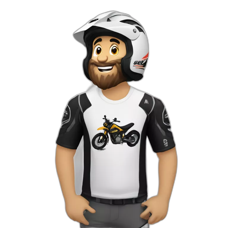 Chico medio gordo canoso blanco con barba  sobre una moto de enduro con remera negra con lobo BMS