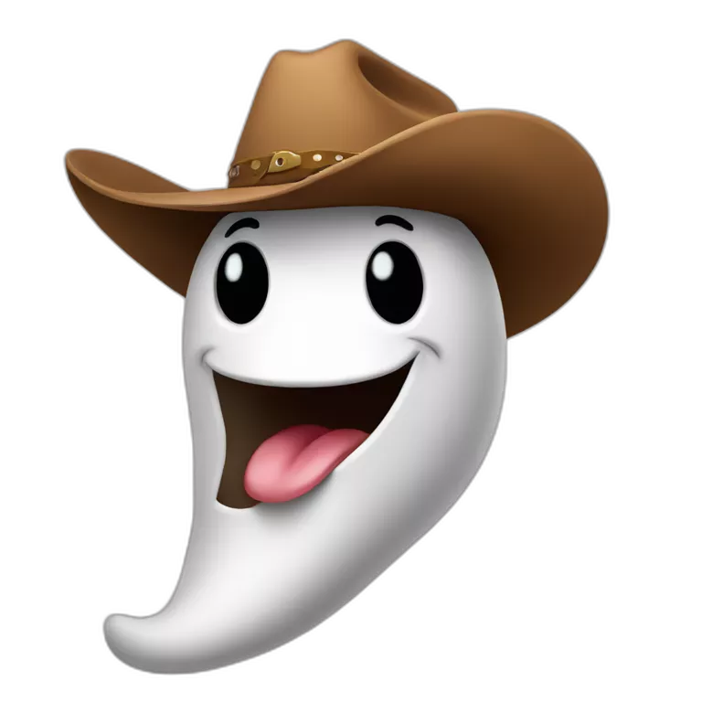 ghost wearing brown cowboy hat in a surprising pose, winking, sticking it's tongue out
