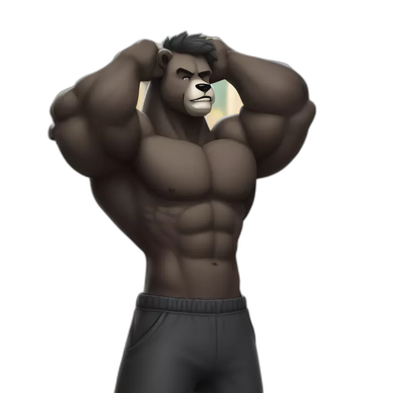 Humanoid muscular tall male fuzzy pitch-black colored black bear, flexing, closed eyes, topless, white sweatpants, upper body shot