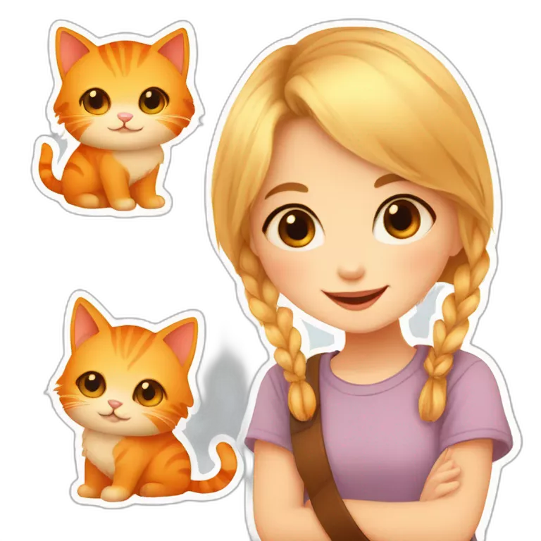 drawing of a little blonde girl with brown eyes, with her orange cat , smiling sweetly, sticker for telegram, cutie, cute illustration, with hyperdetals, cute art