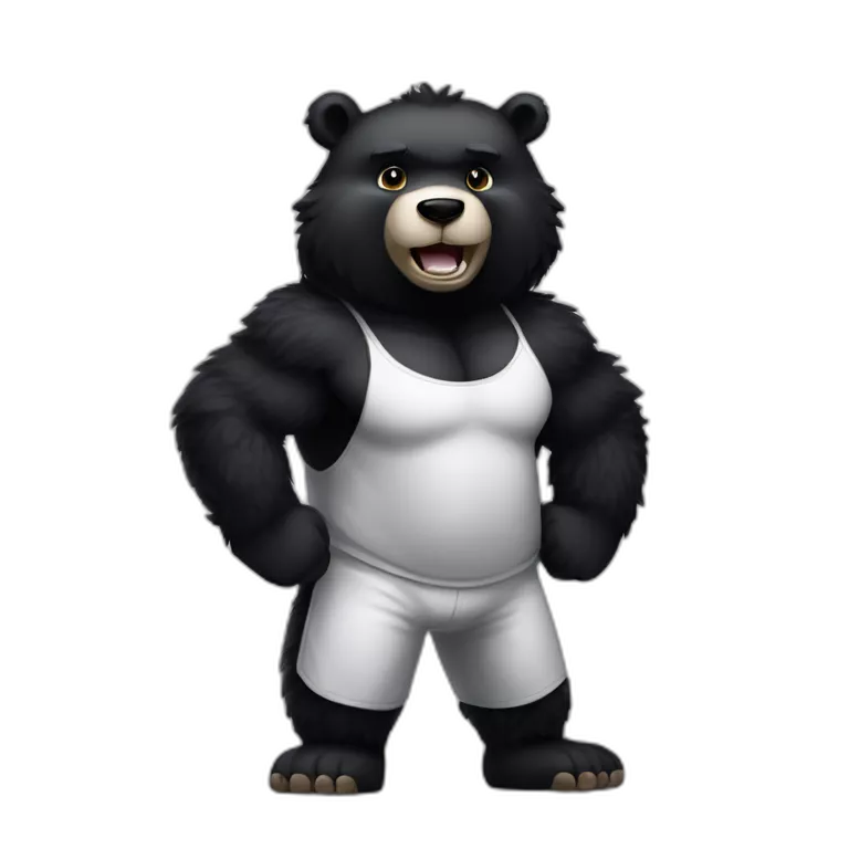 Humanoid muscular tall male fuzzy pitch-black colored black bear, flexing, white sweatpants, upper body shot