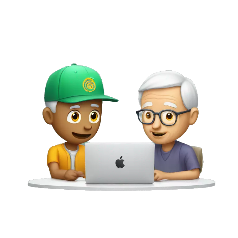 Young man with SnapBack hat helping old man to use artificial intelligence on a MacBook  computer