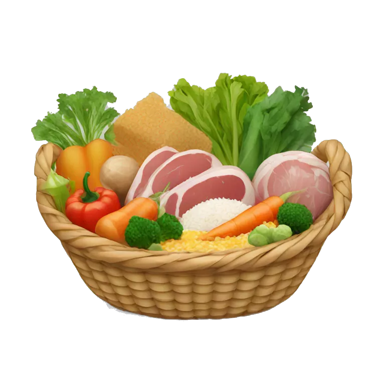 basket with vegetables, meat, rice, cereals