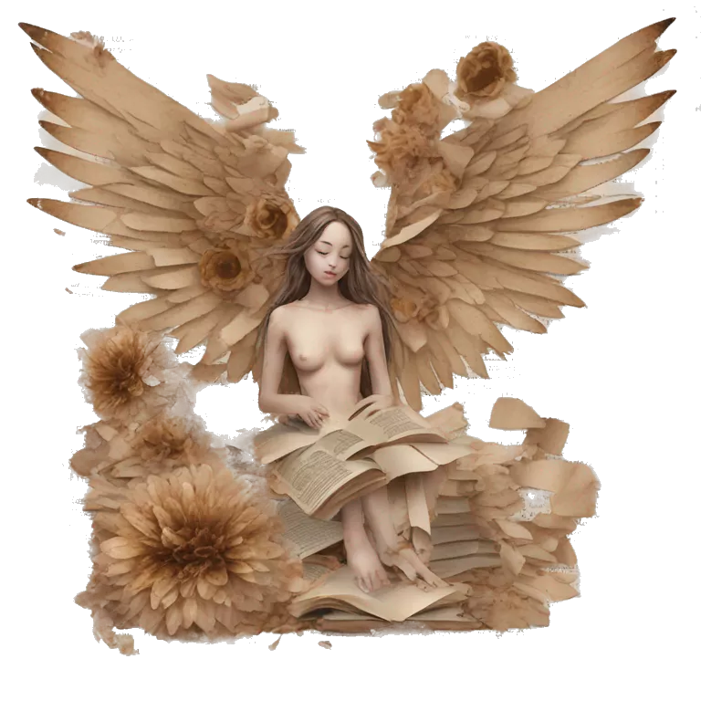 Library book bookworm academia aesthetic beige angel broken angel fallen angel tattoos with broken wing damaged wing torn wing, made of newspaper cuttings and dried flowers brown flowers