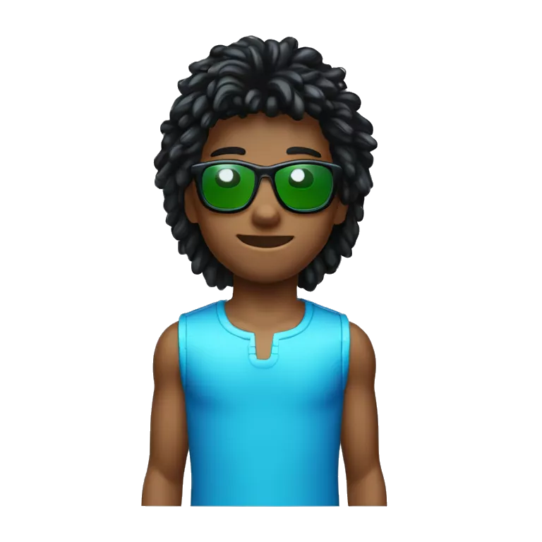 Niño con mullet shagy, pelo negro, ojos grandes y negros, nariz normal. Gafas Y2K (de tecno) grandes con los cristales azules y la montura verde