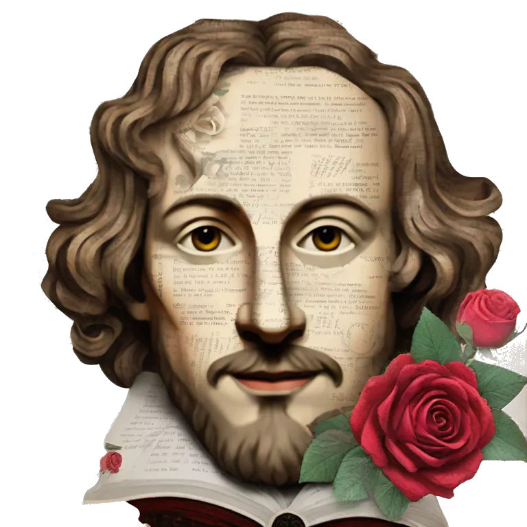 Shakespeare person made of newspaper cuttings wearing flowers, stained glass, fairy lights, bokeh, annotated sketch, handwritten letters, collage of intricate patterns, roses flowers