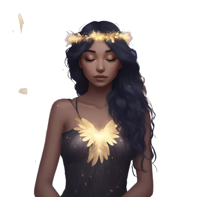 Black Raven wings bohemian girl Ethereal galaxy constellation girl angel raven wings black wings, gold arrow, nebula, flower crown, fairy lights, iridescent
