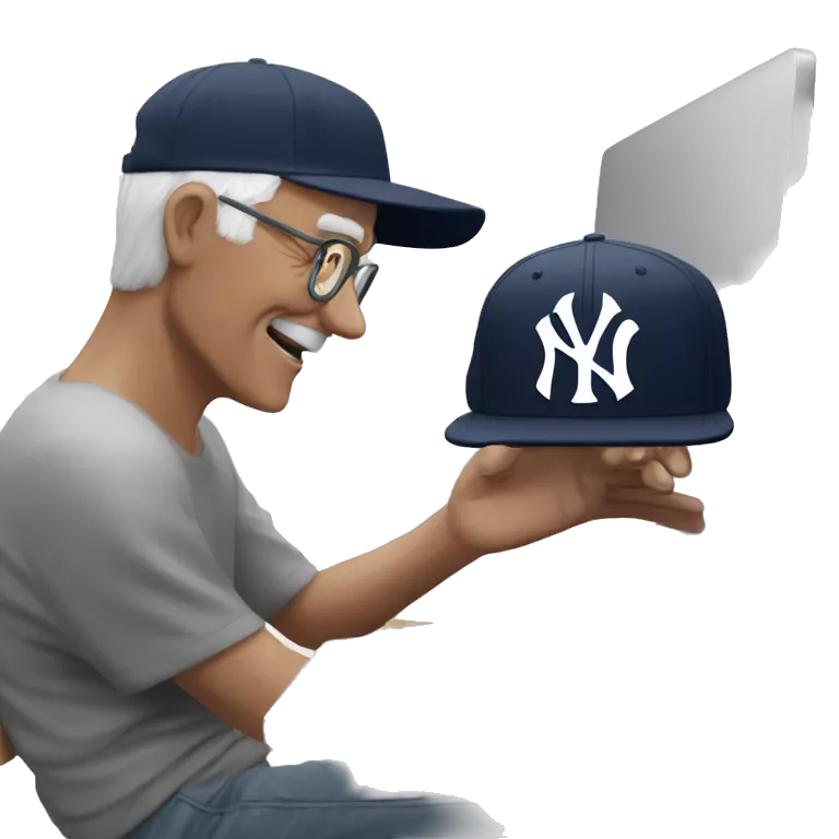 Young man with New York yankees SnapBack hat helping old man to use artificial intelligence on a MacBook  computer