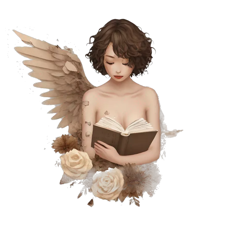 Library book bookworm academia aesthetic beige angel broken angel fallen angel tattoos with broken wing damaged wing torn wing, made of newspaper cuttings and dried flowers brown flowers