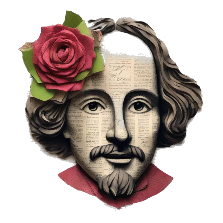 Shakespeare made of newspaper cuttings wearing flowers, stained glass, fairy lights, bokeh, annotated sketch, handwritten letters, collage of intricate patterns, roses flowers