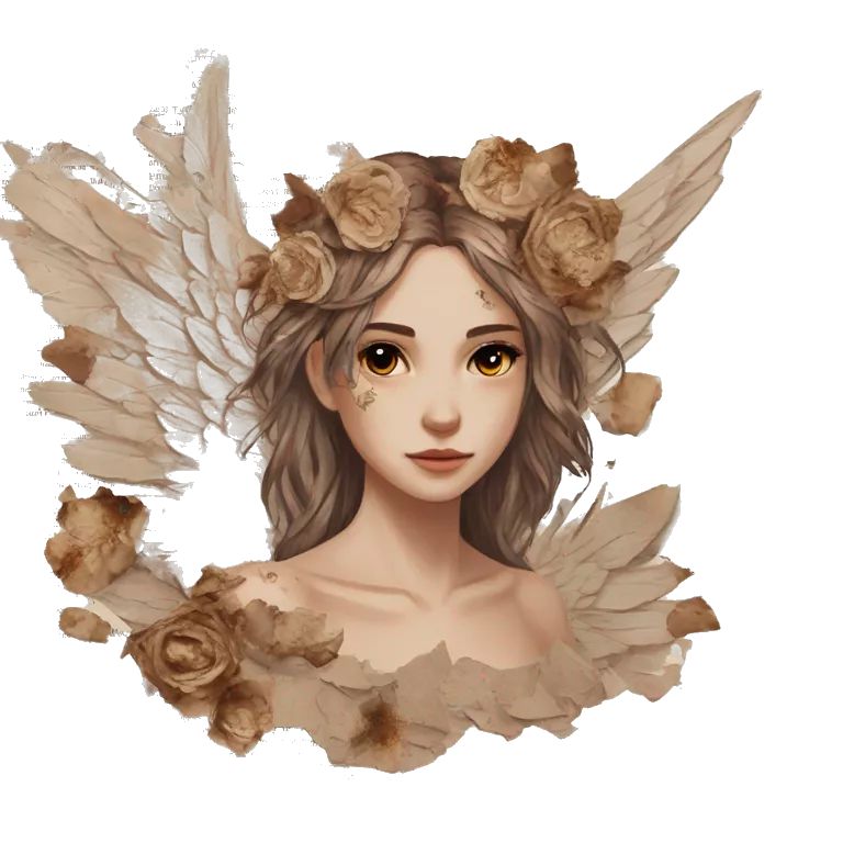 Library book bookworm academia aesthetic beige angel broken angel fallen angel tattoos with broken wing damaged wing torn wing, made of newspaper cuttings and dried flowers brown flowers