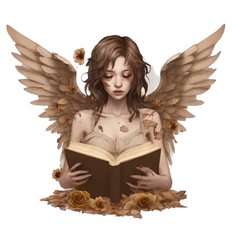 Zombie Library book bookworm academia aesthetic beige angel fallen angel tattoos with broken wing damaged wing torn wing, made of newspaper cuttings and dried flowers brown flowers