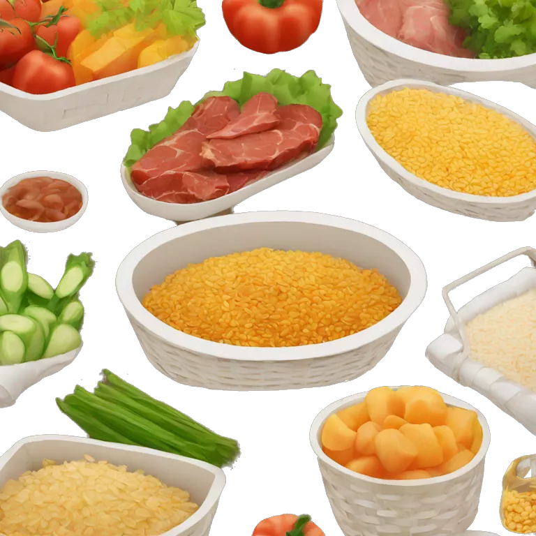 basket with vegetables, meat, rice, cereals