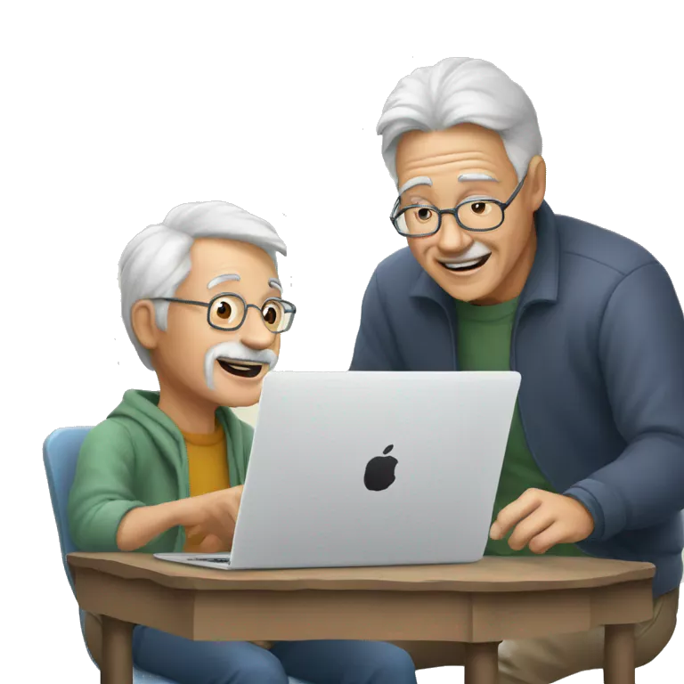 Young guy helping old man to use artificial intelligence on a MacBook  computer