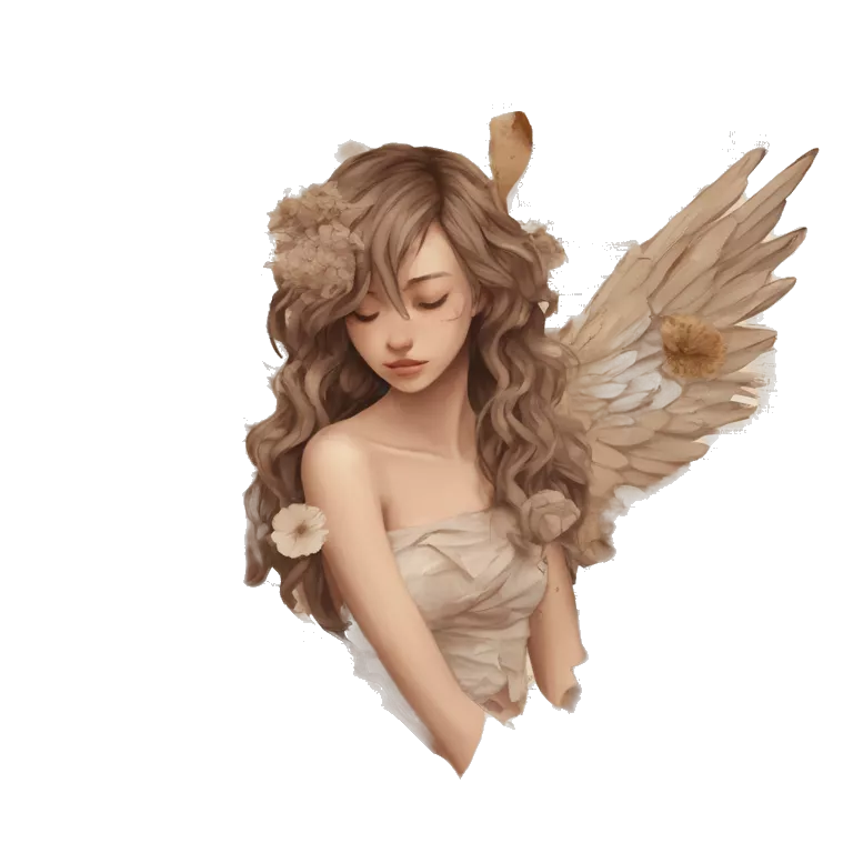 Library book bookworm academia aesthetic beige angel broken angel fallen angel tattoos with broken wing damaged wing torn wing, made of newspaper cuttings and dried flowers brown flowers