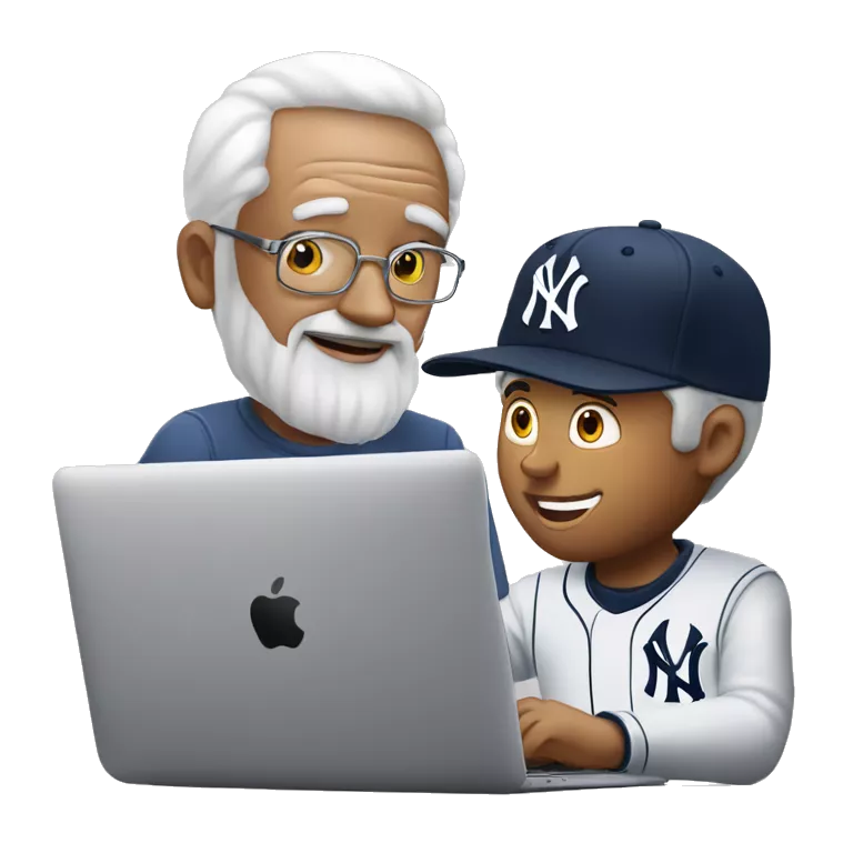 Young man with New York yankees SnapBack hat helping old man to use artificial intelligence on a MacBook  computer