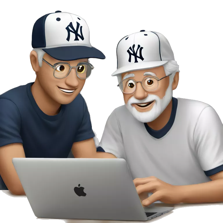Young man with New York yankees hat helping old man with a Belgium hat to use artificial intelligence on a MacBook  computer