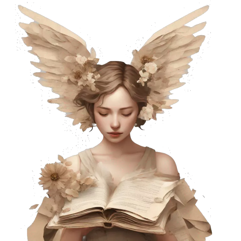Library book bookworm academia aesthetic beige angel with broken wing damaged wing torn wing, made of newspaper cuttings and dried flowers brown flowers