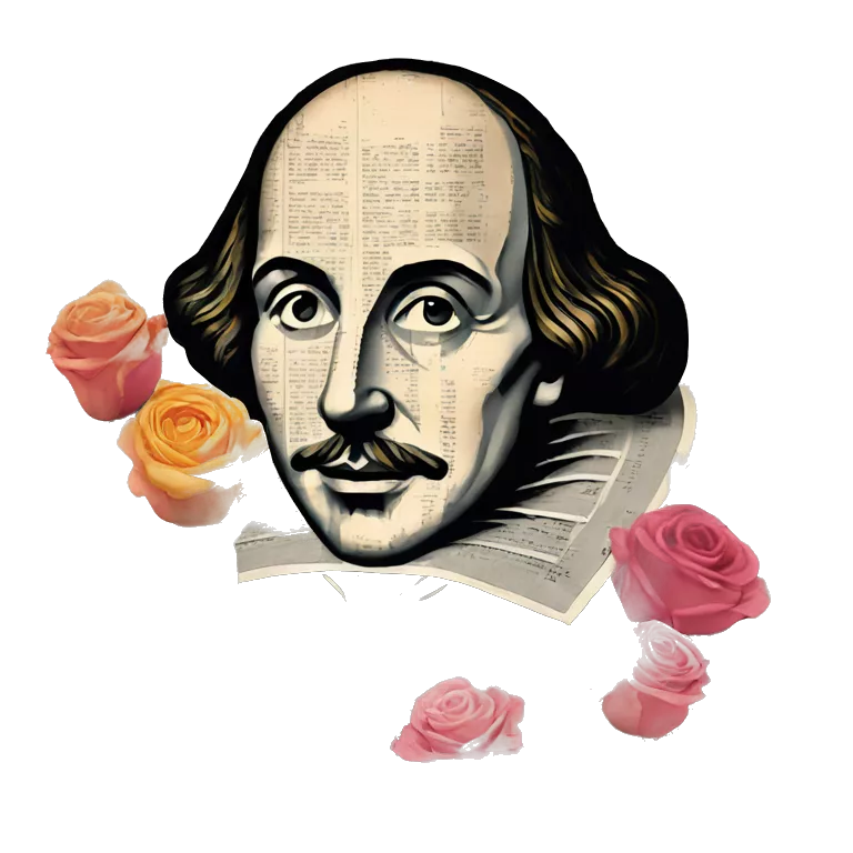 Shakespeare person made of newspaper cuttings wearing flowers,  collage of intricate patterns, roses flowers