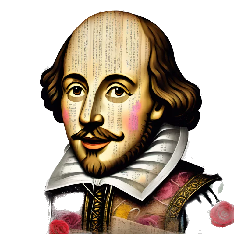 Shakespeare made of newspaper cuttings wearing flowers, stained glass, fairy lights, bokeh, annotated sketch, handwritten letters, collage of intricate patterns, roses flowers