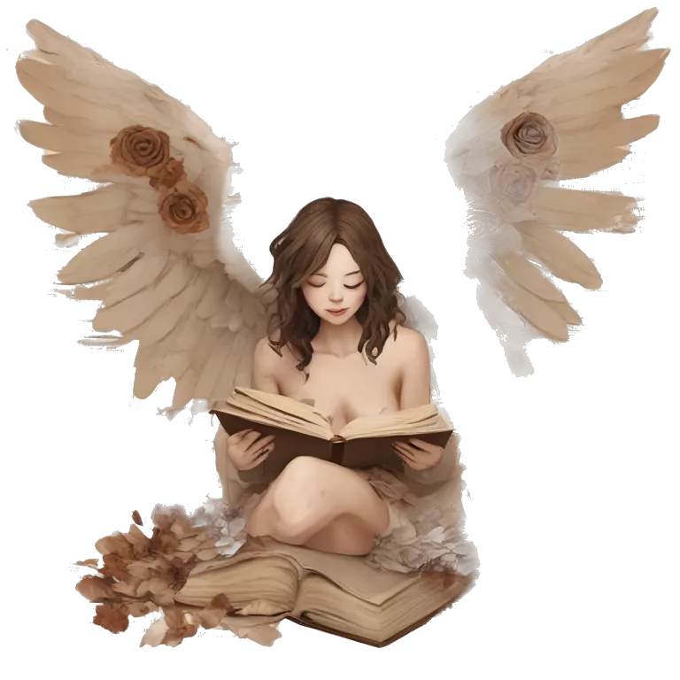 Library book bookworm academia aesthetic beige angel broken angel fallen angel tattoos with broken wing damaged wing torn wing, made of newspaper cuttings and dried flowers brown flowers