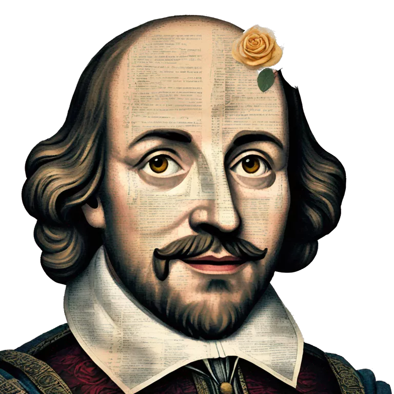 Shakespeare made of newspaper cuttings wearing flowers, roses flowers