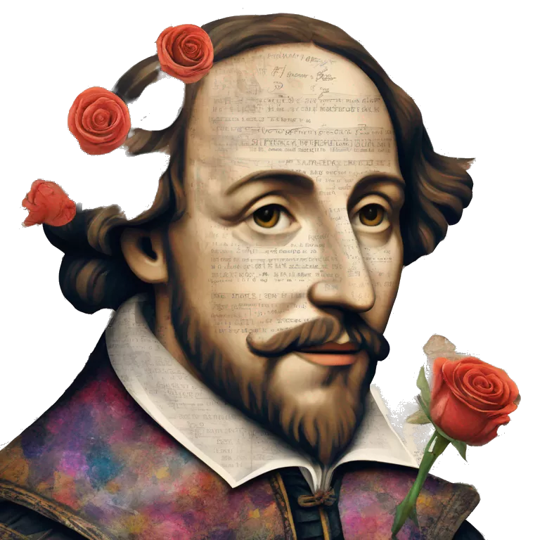 Shakespeare person made of newspaper cuttings wearing flowers, stained glass, fairy lights, bokeh, annotated sketch, handwritten letters, collage of intricate patterns, roses flowers