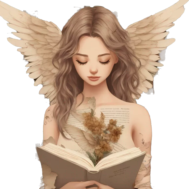 Library book bookworm academia aesthetic beige angel broken angel fallen angel tattoos with broken wing damaged wing torn wing, made of newspaper cuttings and dried flowers brown flowers