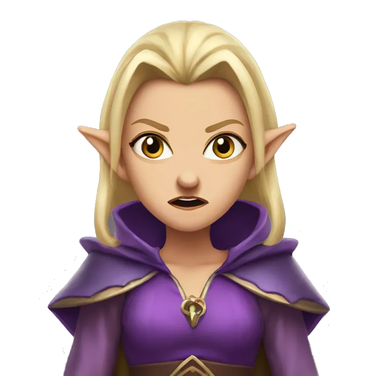 enraged angry, Noble female Elf with Elf ears and blonde hair and purple robes