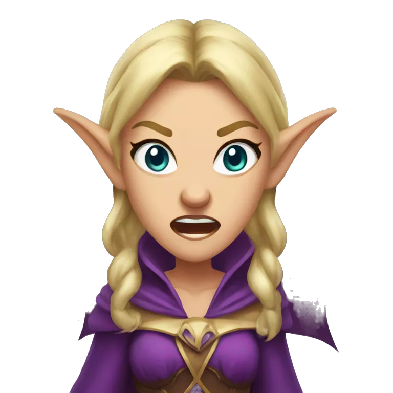 enraged angry, Noble female Elf with Elf ears and blonde hair and purple robes