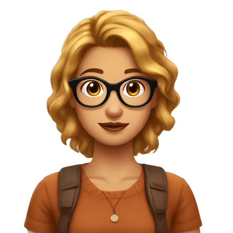 imagen de chica de 19 años estilo pixar: pelo ondulado marron y largo, ojos grandes color marron miel con gafas, aros pequeños plateados