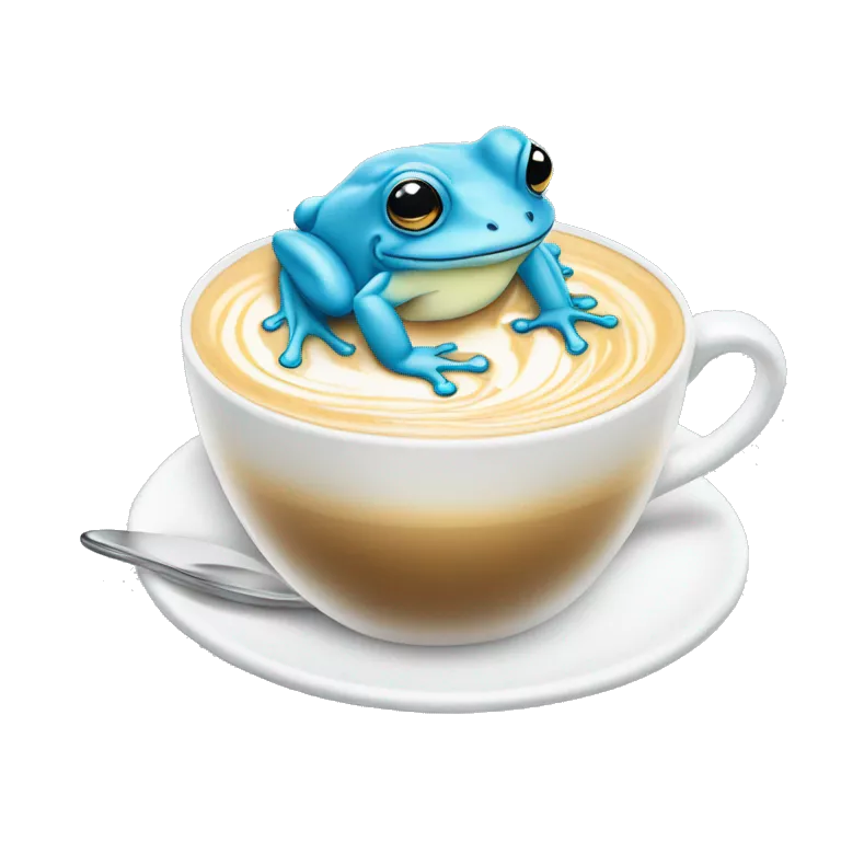 hand drawn baby blue frog sipping a latte with with latte art
