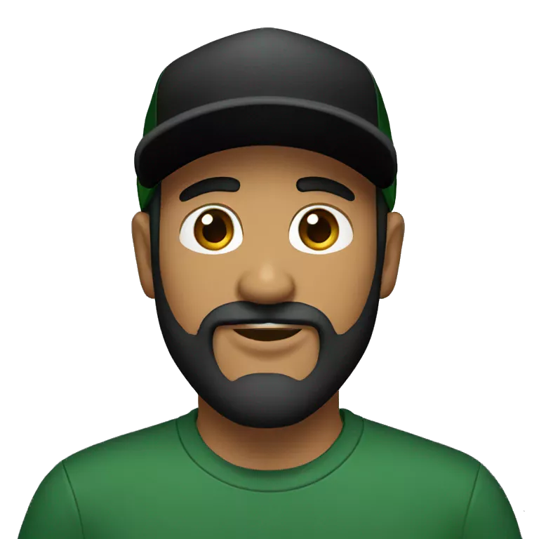 brown man with a dark beard, dark eyes, dark green t-shirt and a BLACK BLACK cap