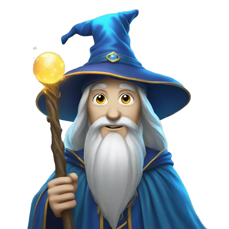 Realistic Wizard Face in Action: Realistic face of a wizard with staff emitting magical blue light.