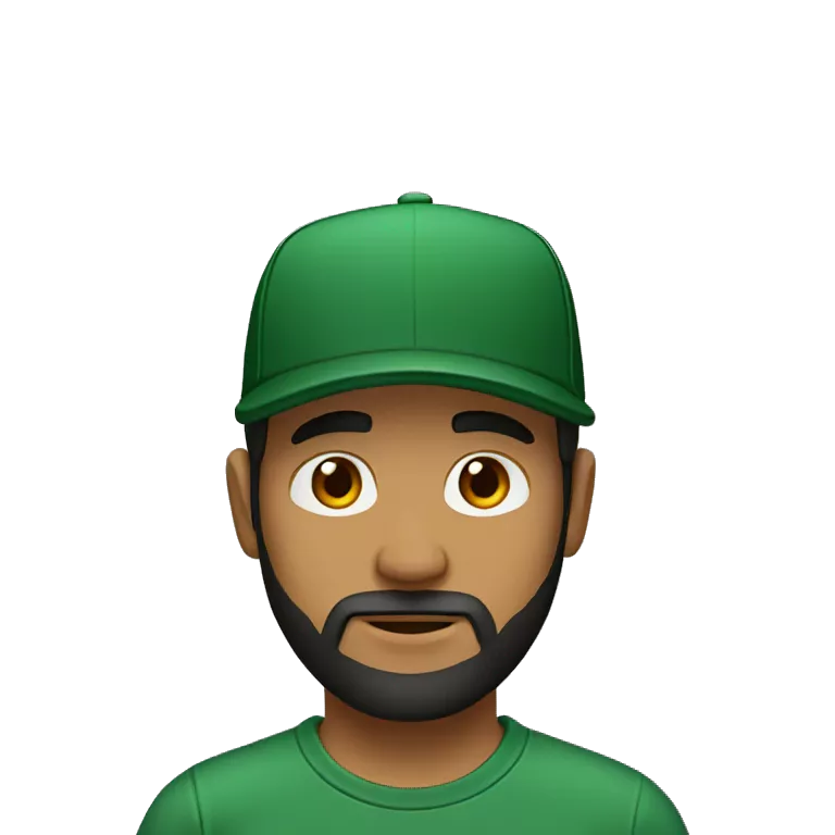 brown man with a dark beard, dark eyes, dark green t-shirt and a black cap