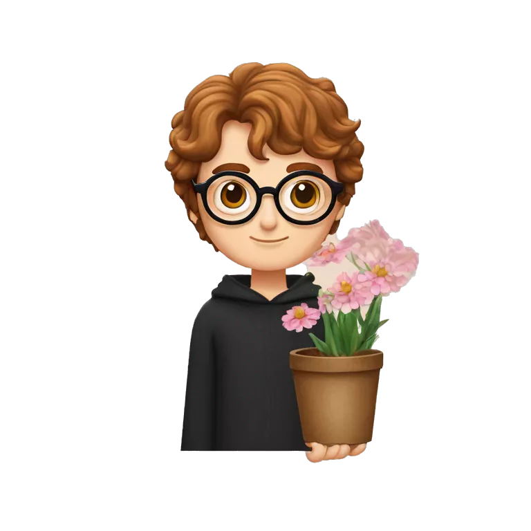 Dessine Harry potter avec des lunettes rondes un baguettes magique dans une main avec les cheveux ondulés avec une cicatrice sur le front et des pots de fleurs dans les mains