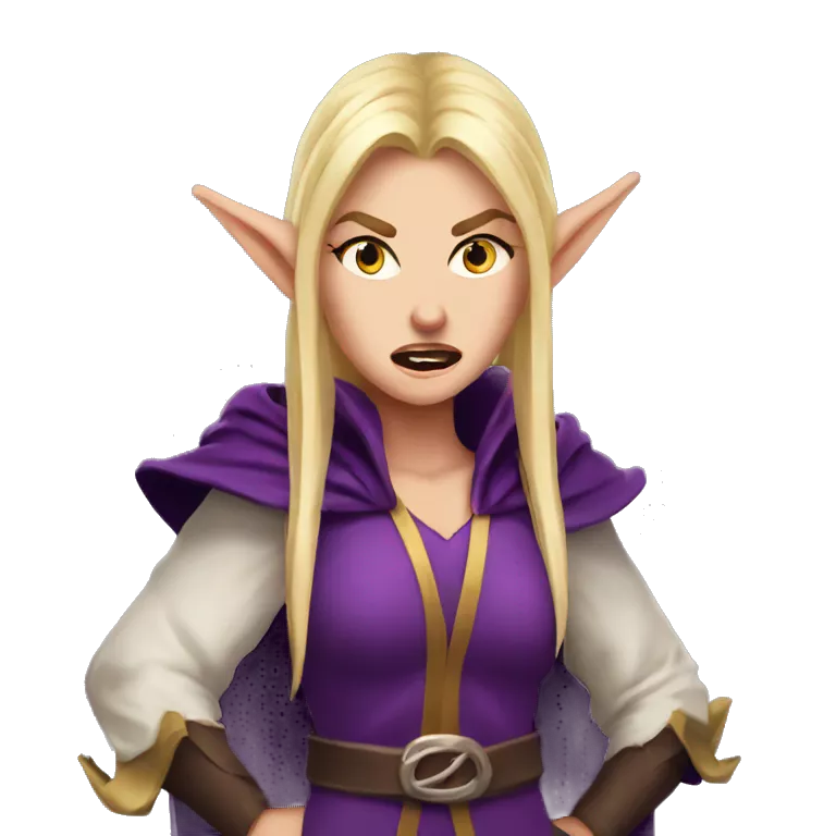 enraged angry, Noble female Elf with Elf ears and blonde hair and purple robes