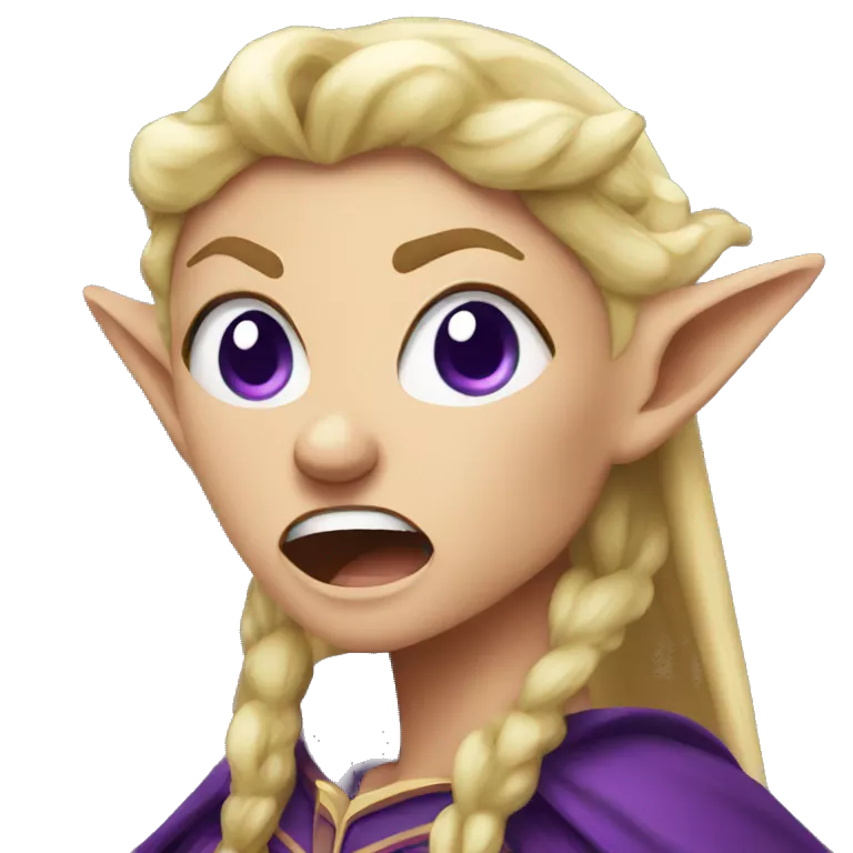 enraged angry, Noble female Elf with Elf ears and blonde hair and purple robes