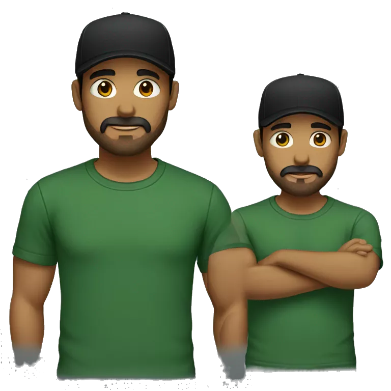 brown man with a dark beard, dark eyes, dark green t-shirt and a BLACK BLACK cap