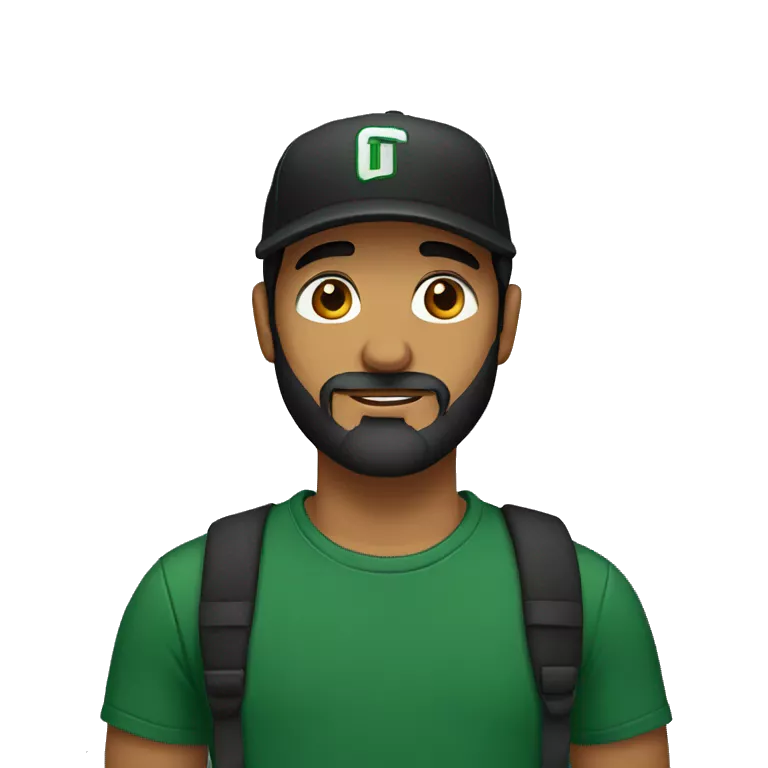 brown man with a dark beard, dark eyes, dark green t-shirt and a BLACK BLACK cap
