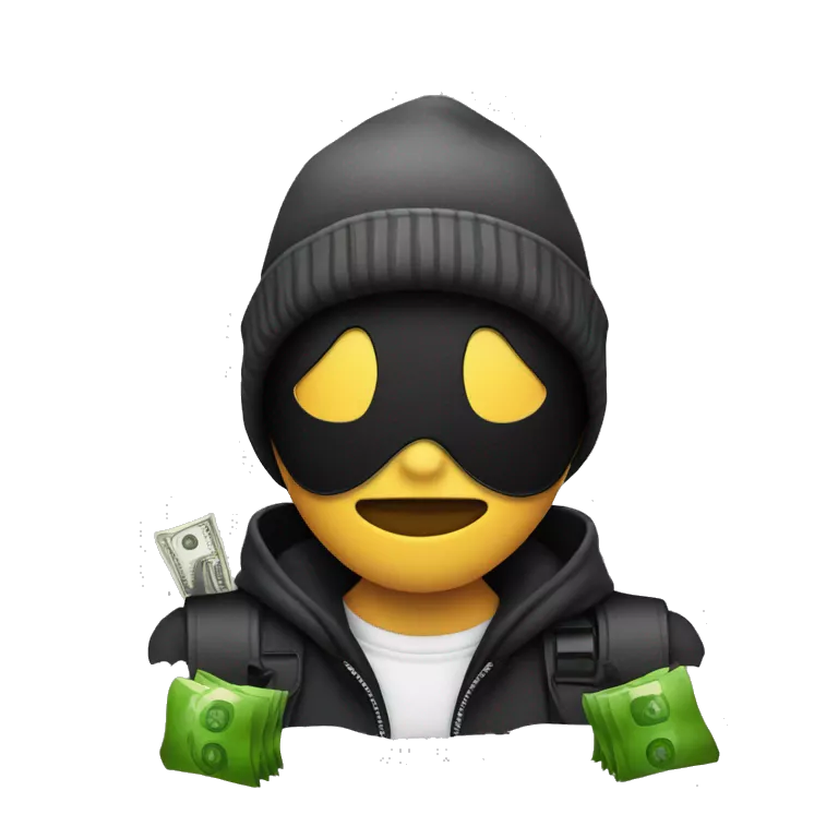 Robber Emoji with a black beanie, black eye mask with holes for his eyes, and a money bag emoji over his shoulder