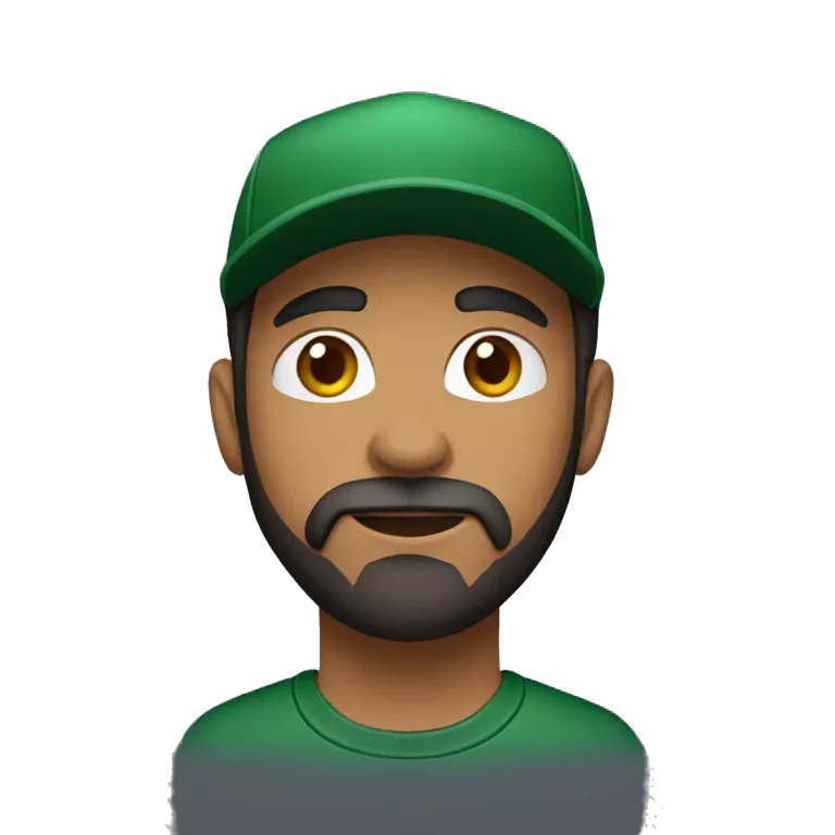 brown man with a dark beard, dark eyes, dark green t-shirt and a black cap