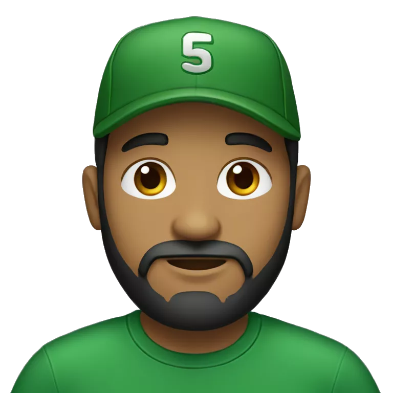 brown man with a dark beard, dark eyes, dark green t-shirt and a BLACK BLACK cap