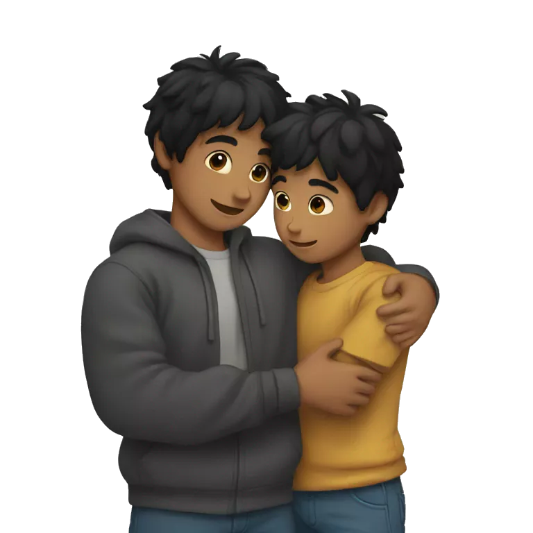 two black haired boys hugging