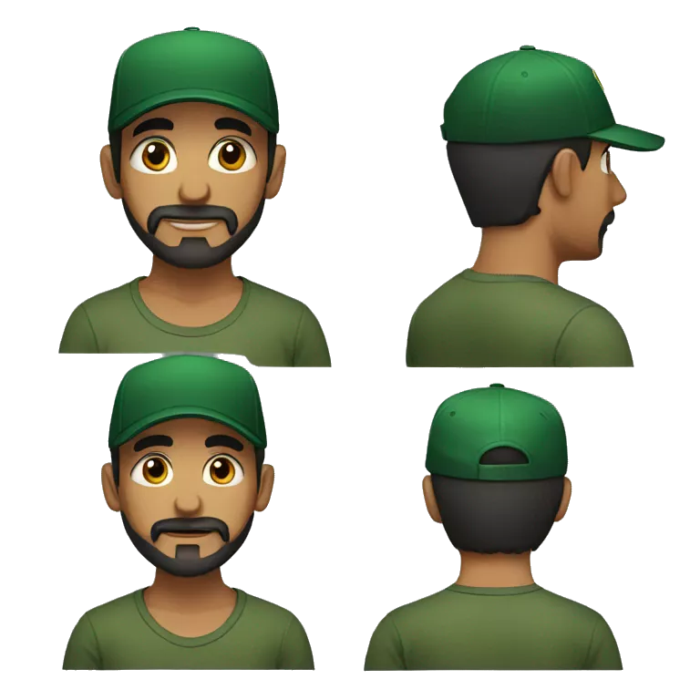 brown man with a dark beard, dark eyes, dark green t-shirt and a black cap