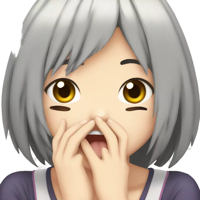 anime girl giggle hands covering mouth black hair embarrassed